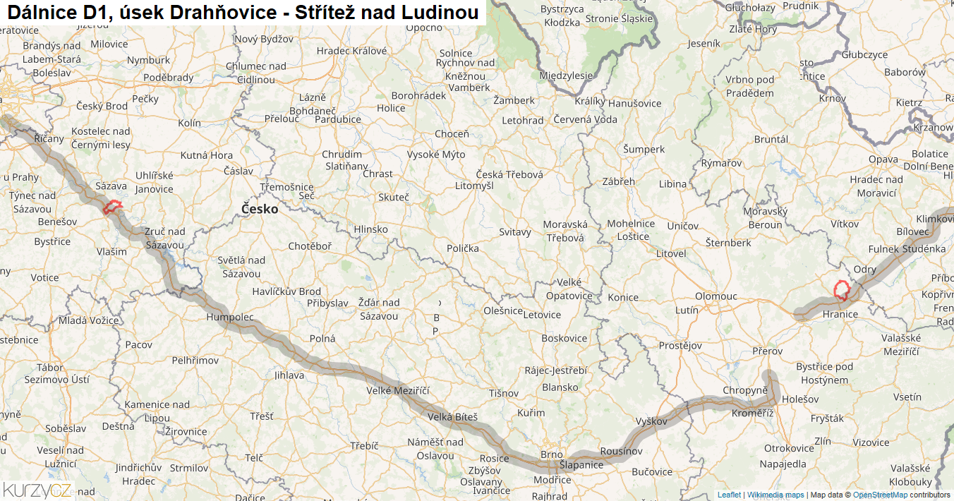 Úsek Drahňovice - Střítež nad Ludinou, Dálnice D1 - Mapa