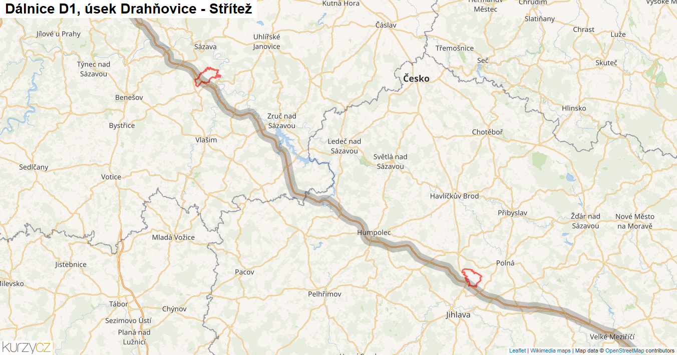 Úsek Drahňovice - Střítež, Dálnice D1 - Mapa