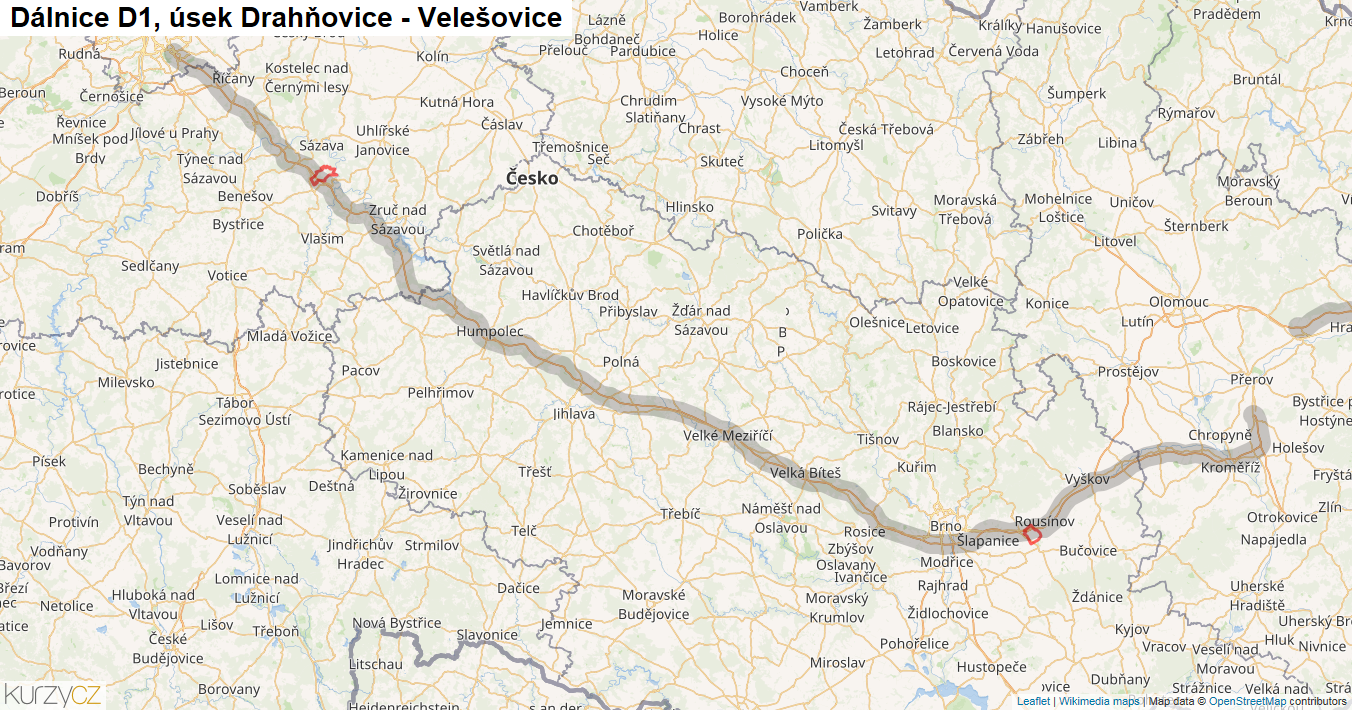 Úsek Drahňovice - Velešovice, Dálnice D1 - Mapa