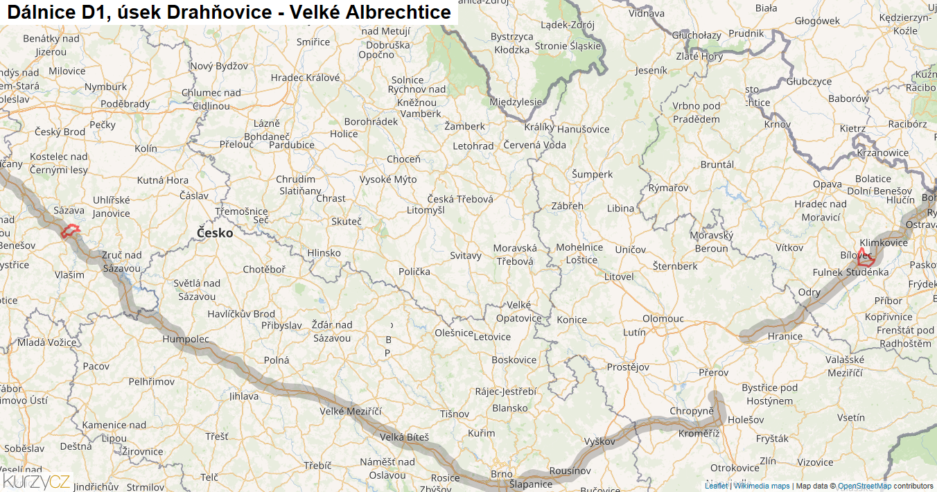 Úsek Drahňovice - Velké Albrechtice, Dálnice D1 - Mapa
