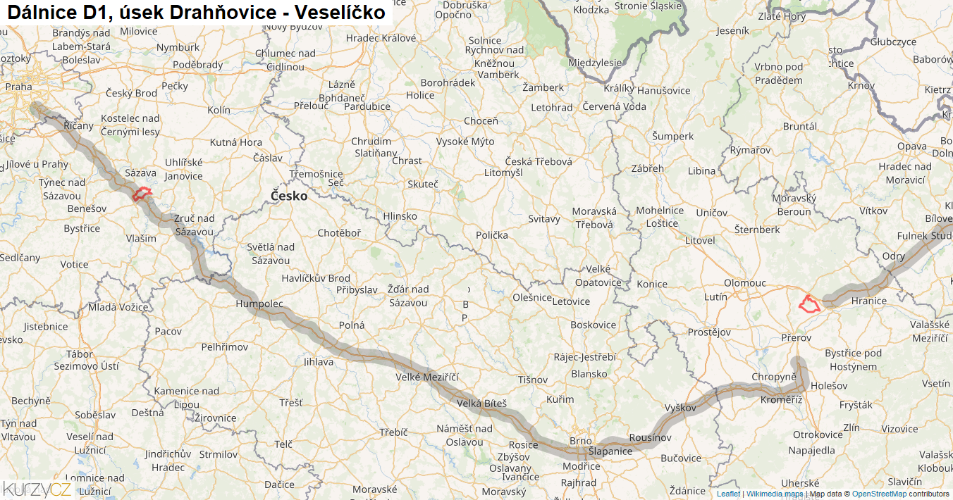Úsek Drahňovice - Veselíčko, Dálnice D1 - Mapa
