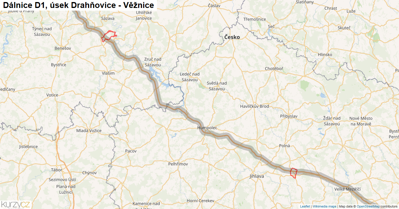 Úsek Drahňovice - Věžnice, Dálnice D1 - Mapa