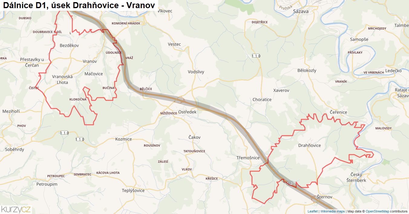 Úsek Drahňovice - Vranov, Dálnice D1 - Mapa