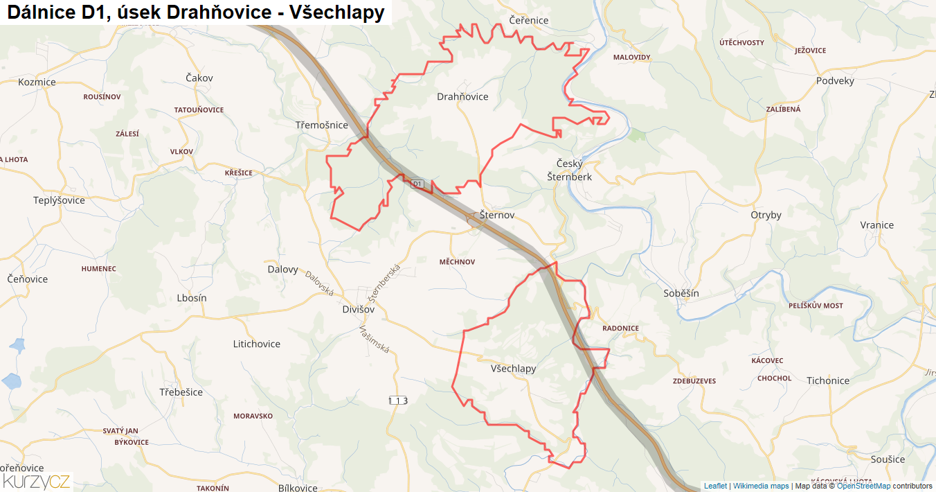 Úsek Drahňovice - Všechlapy, Dálnice D1 - Mapa