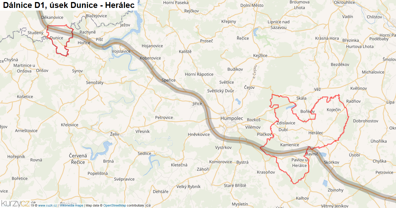 Úsek Dunice - Herálec, Dálnice D1 - Mapa