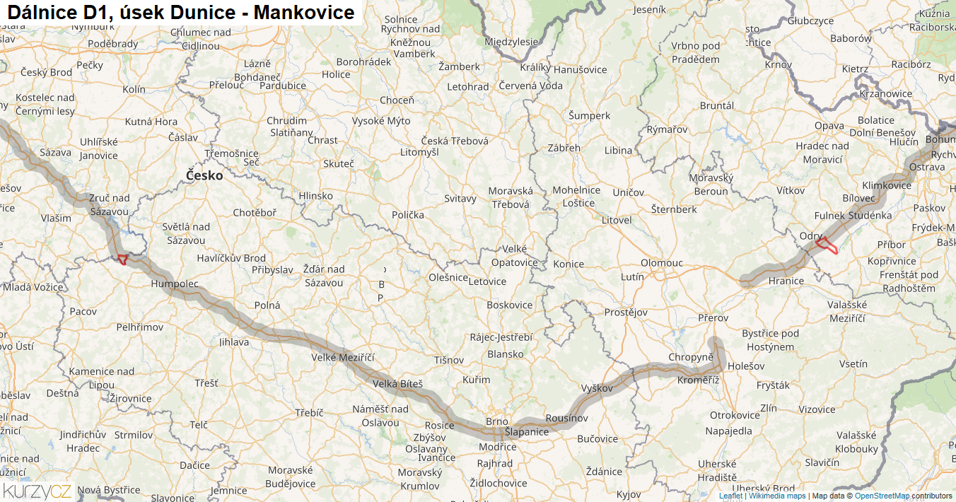 Úsek Dunice - Mankovice, Dálnice D1 - Mapa