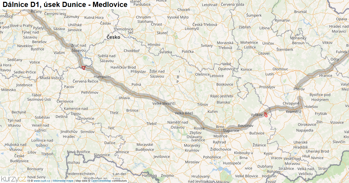 Úsek Dunice - Medlovice, Dálnice D1 - Mapa