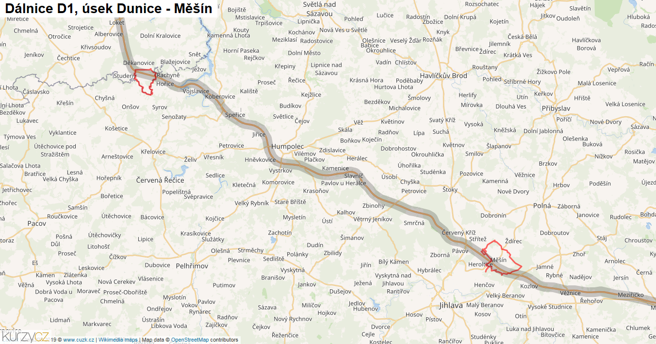 Úsek Dunice - Měšín, Dálnice D1 - Mapa