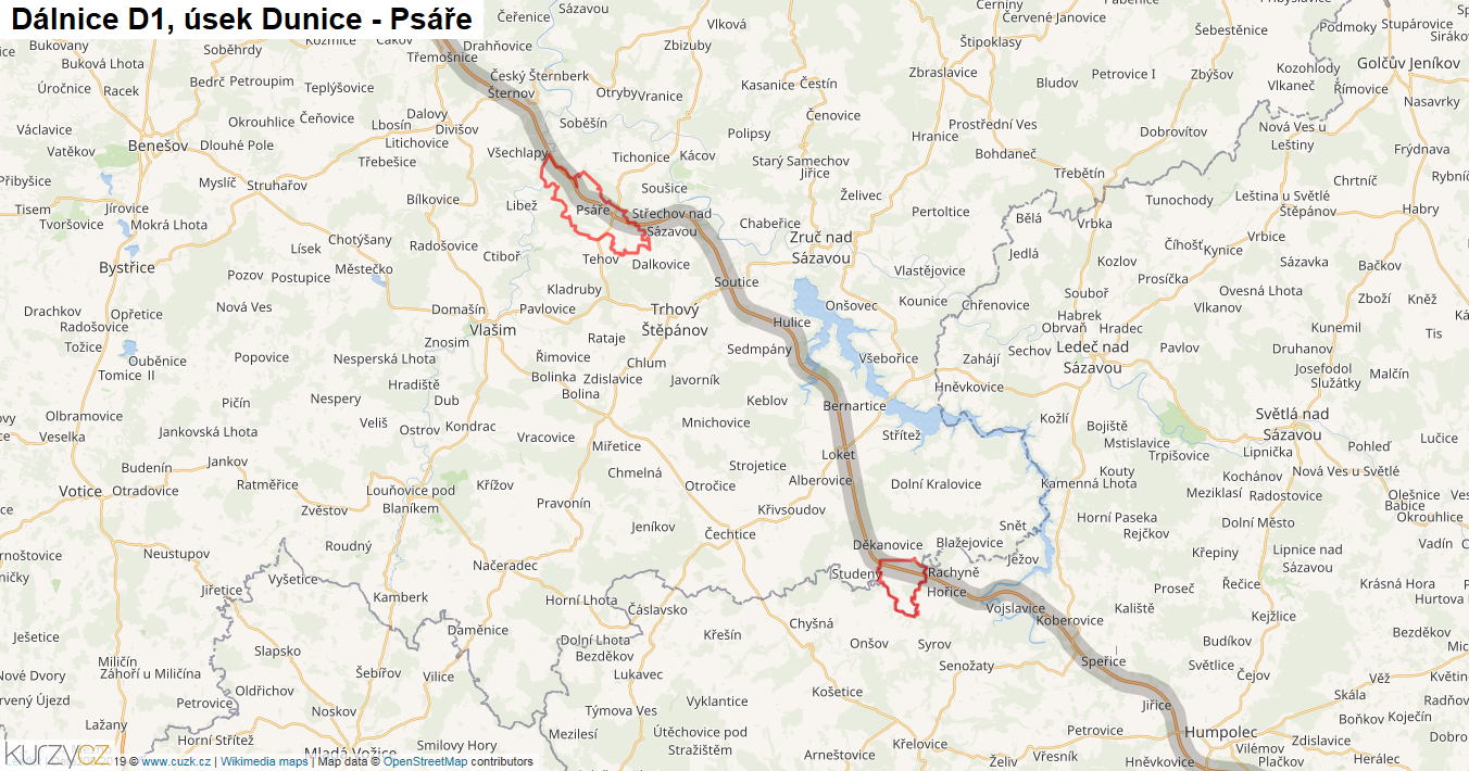 Úsek Dunice - Psáře, Dálnice D1 - Mapa