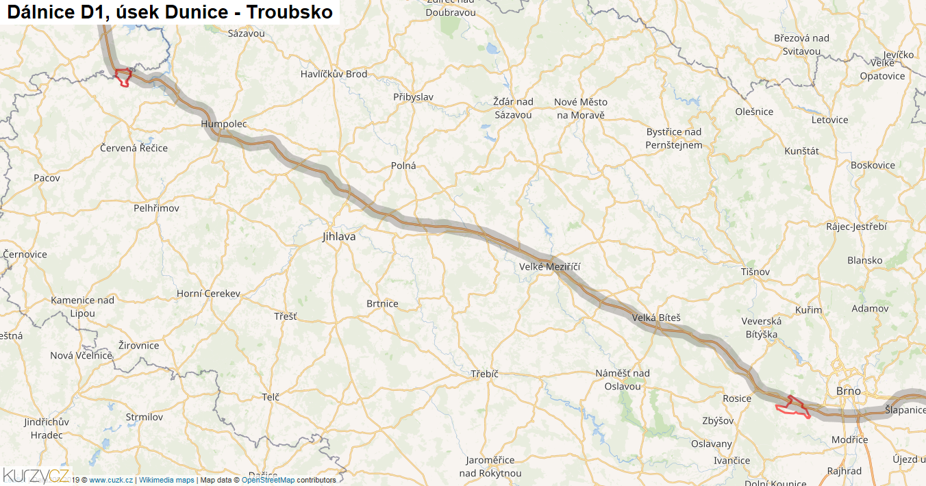 Úsek Dunice - Troubsko, Dálnice D1 - Mapa