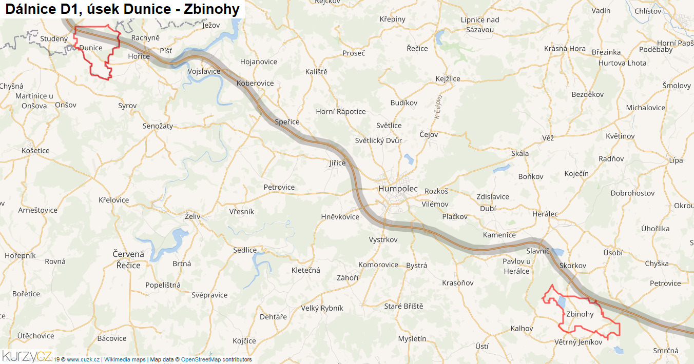 Úsek Dunice - Zbinohy, Dálnice D1 - Mapa