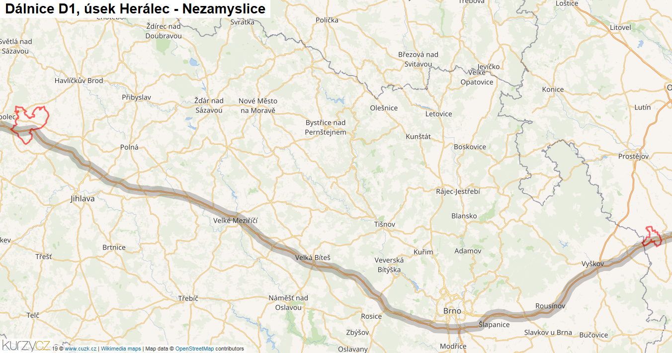 Úsek Herálec - Nezamyslice, Dálnice D1 - Mapa