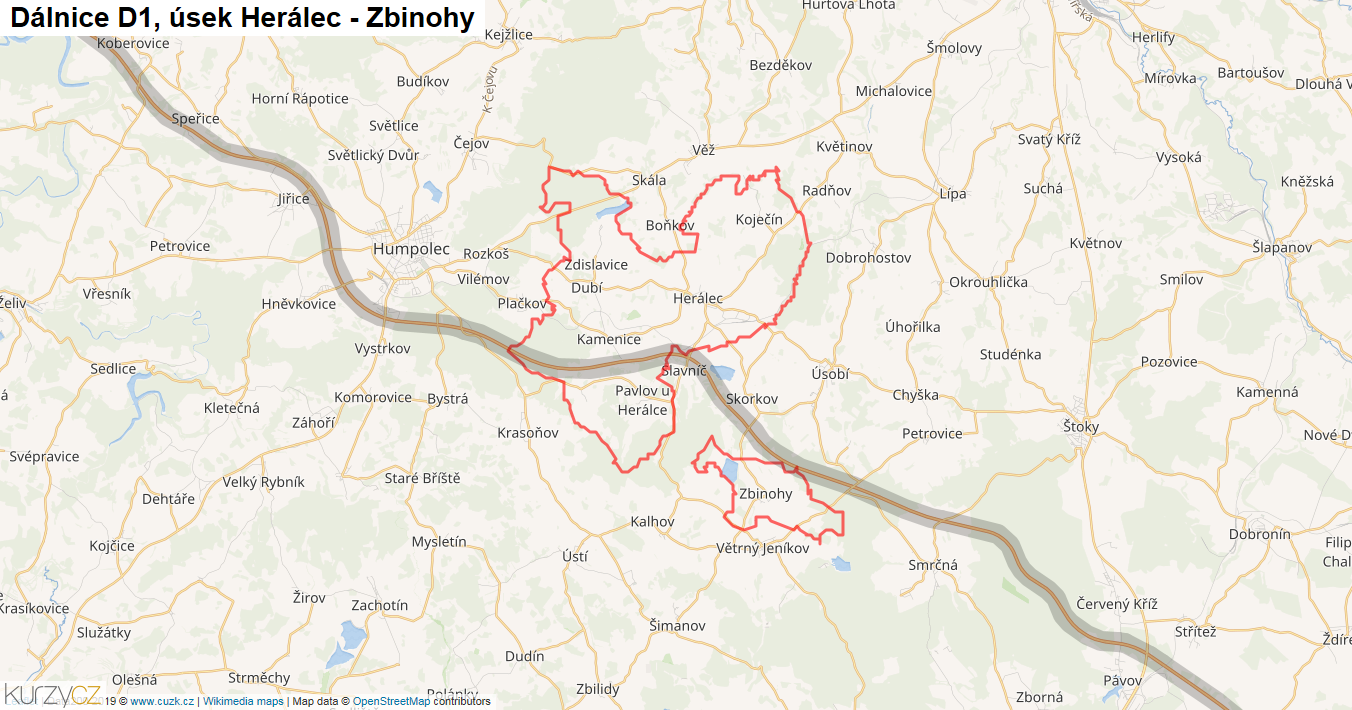 Úsek Herálec - Zbinohy, Dálnice D1 - Mapa