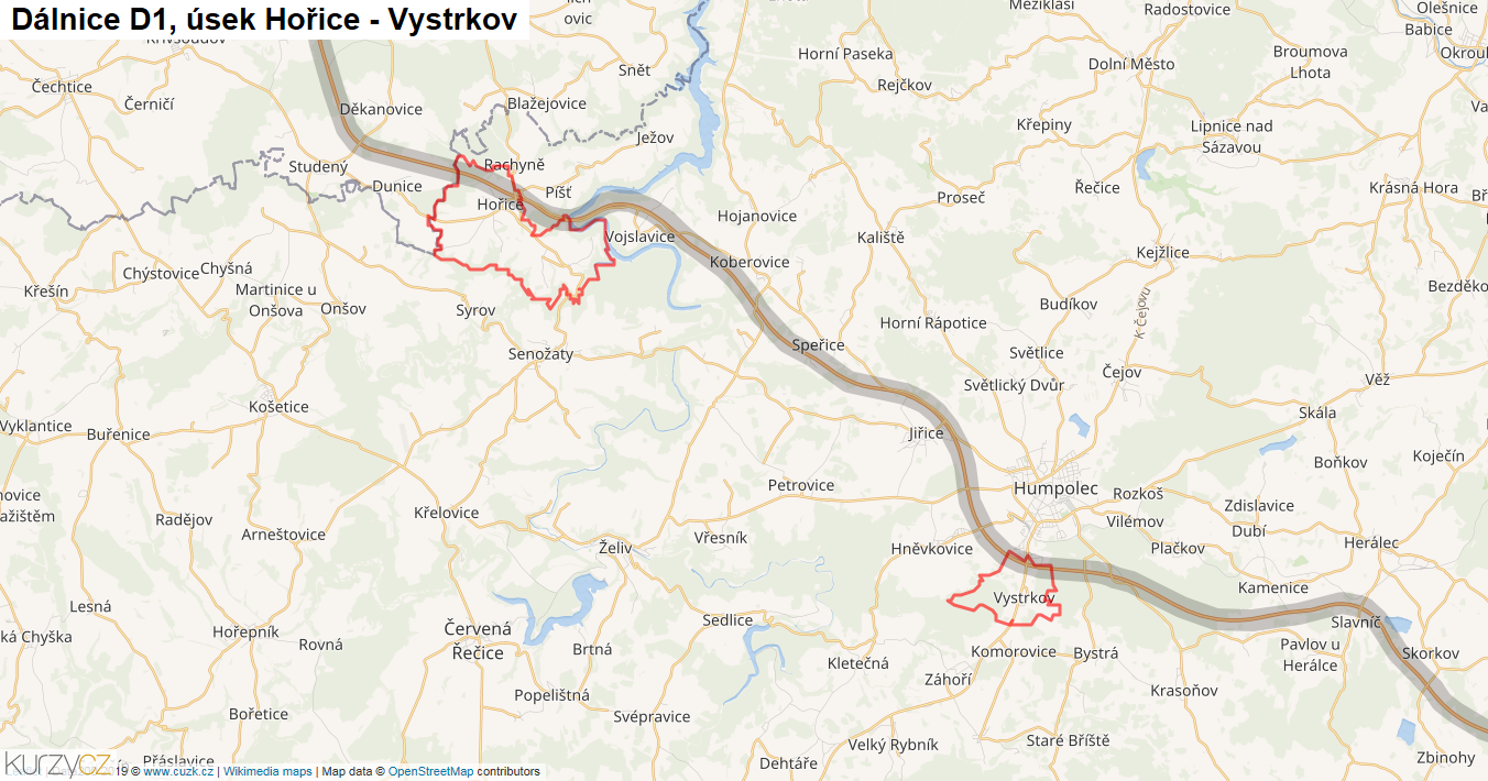 Úsek Hořice - Vystrkov, Dálnice D1 - Mapa