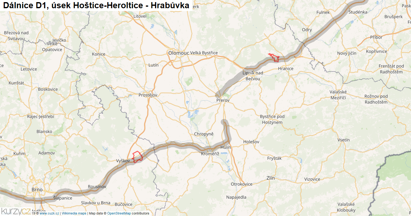 Úsek Hoštice-Heroltice - Hrabůvka, Dálnice D1 - Mapa