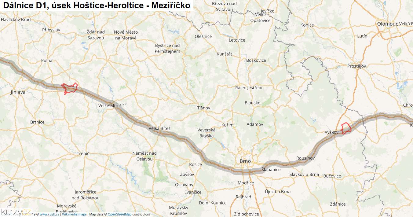 Úsek Hoštice-Heroltice - Meziříčko, Dálnice D1 - Mapa