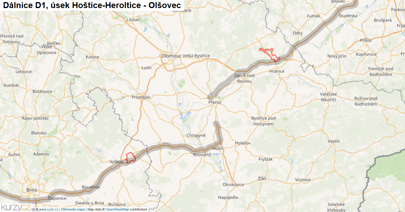 Úsek Hoštice-Heroltice - Olšovec, Dálnice D1 - Mapa