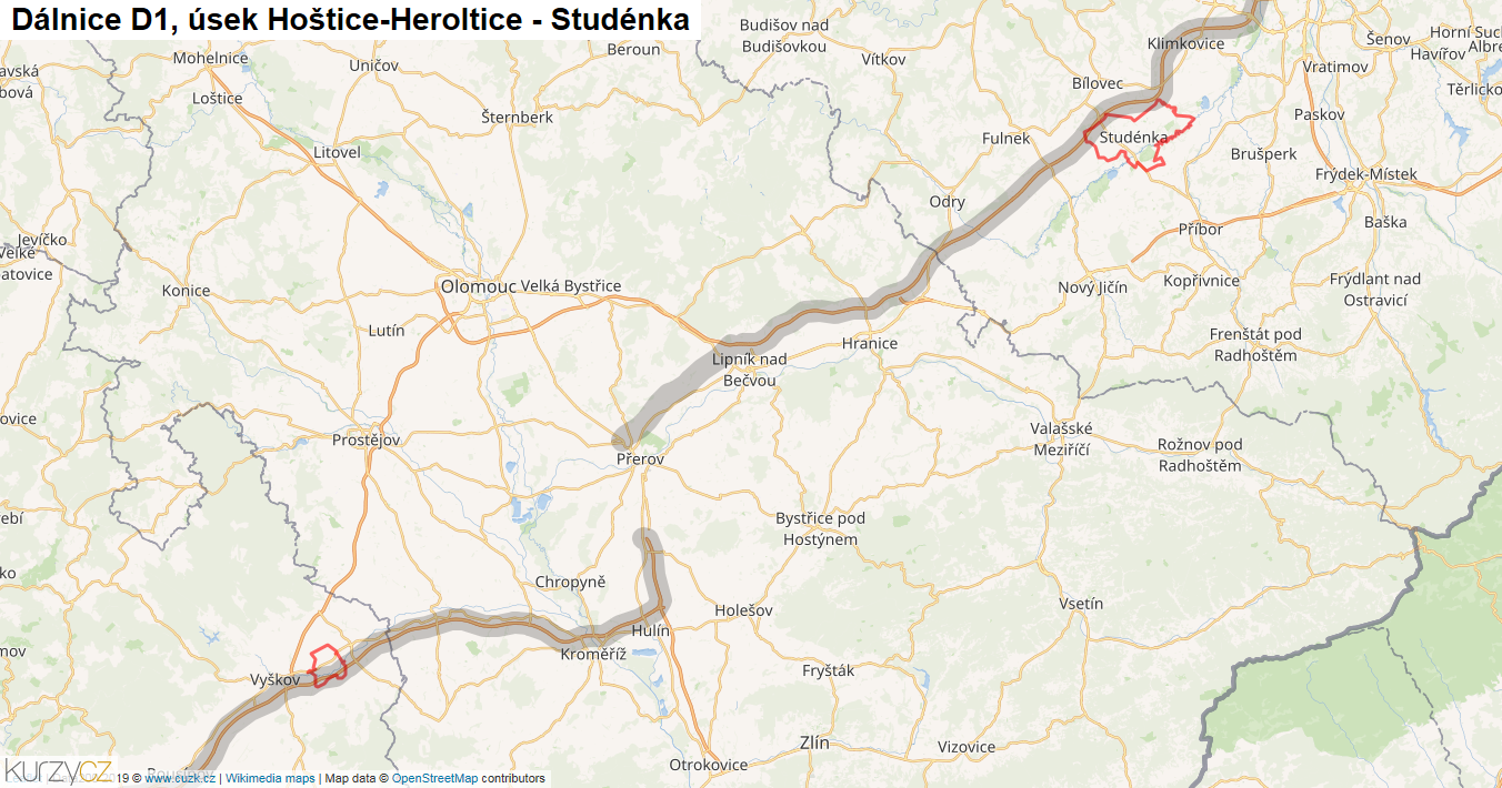 Úsek Hoštice-Heroltice - Studénka, Dálnice D1 - Mapa