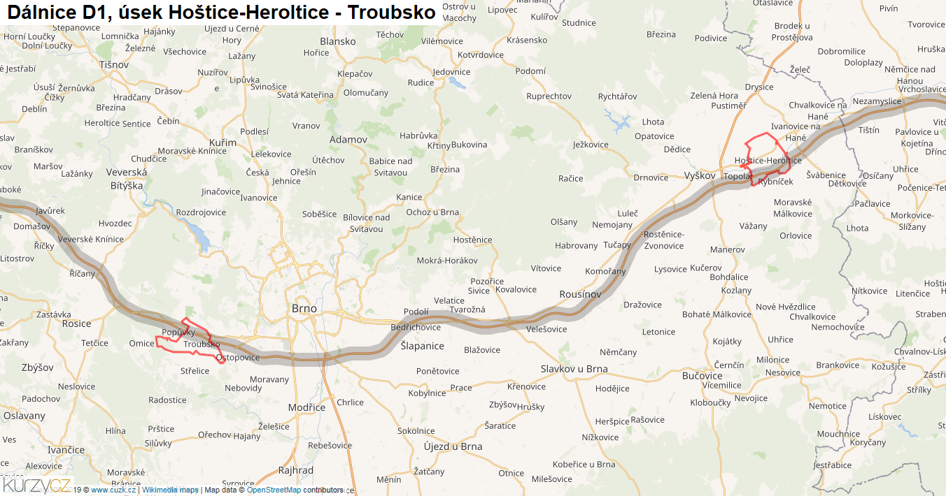 Úsek Hoštice-Heroltice - Troubsko, Dálnice D1 - Mapa