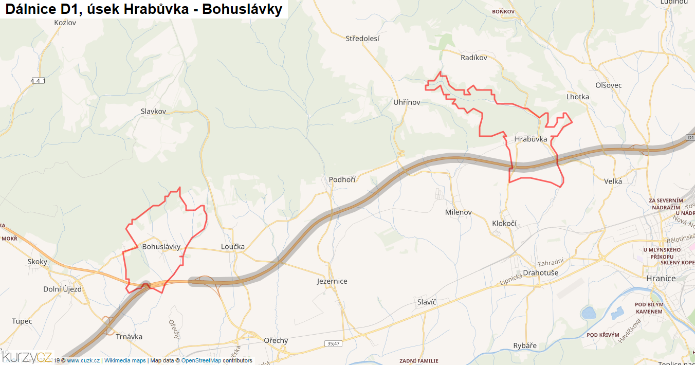 Úsek Hrabůvka - Bohuslávky, Dálnice D1 - Mapa