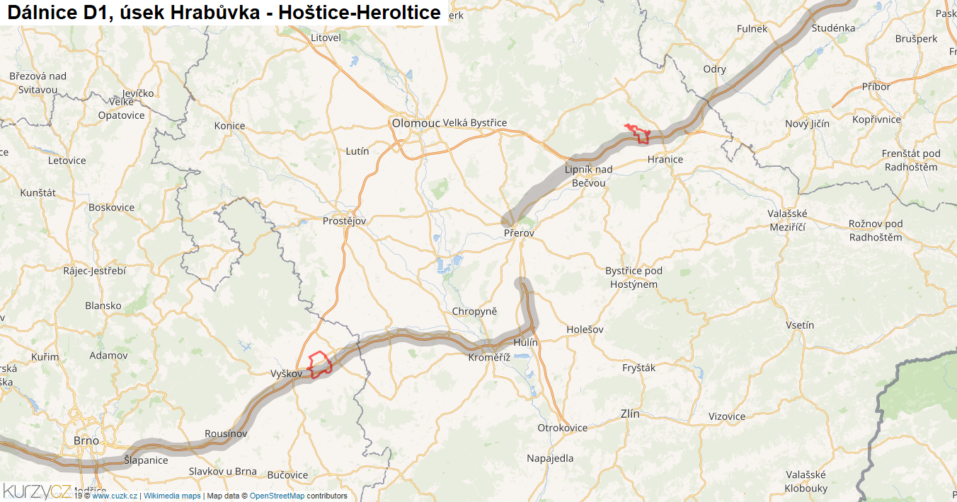 Úsek Hrabůvka - Hoštice-Heroltice, Dálnice D1 - Mapa