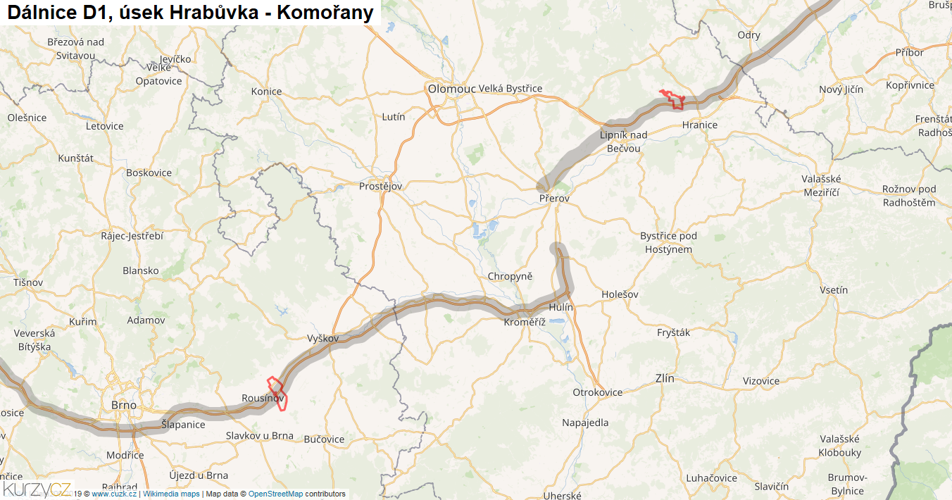 Úsek Hrabůvka - Komořany, Dálnice D1 - Mapa