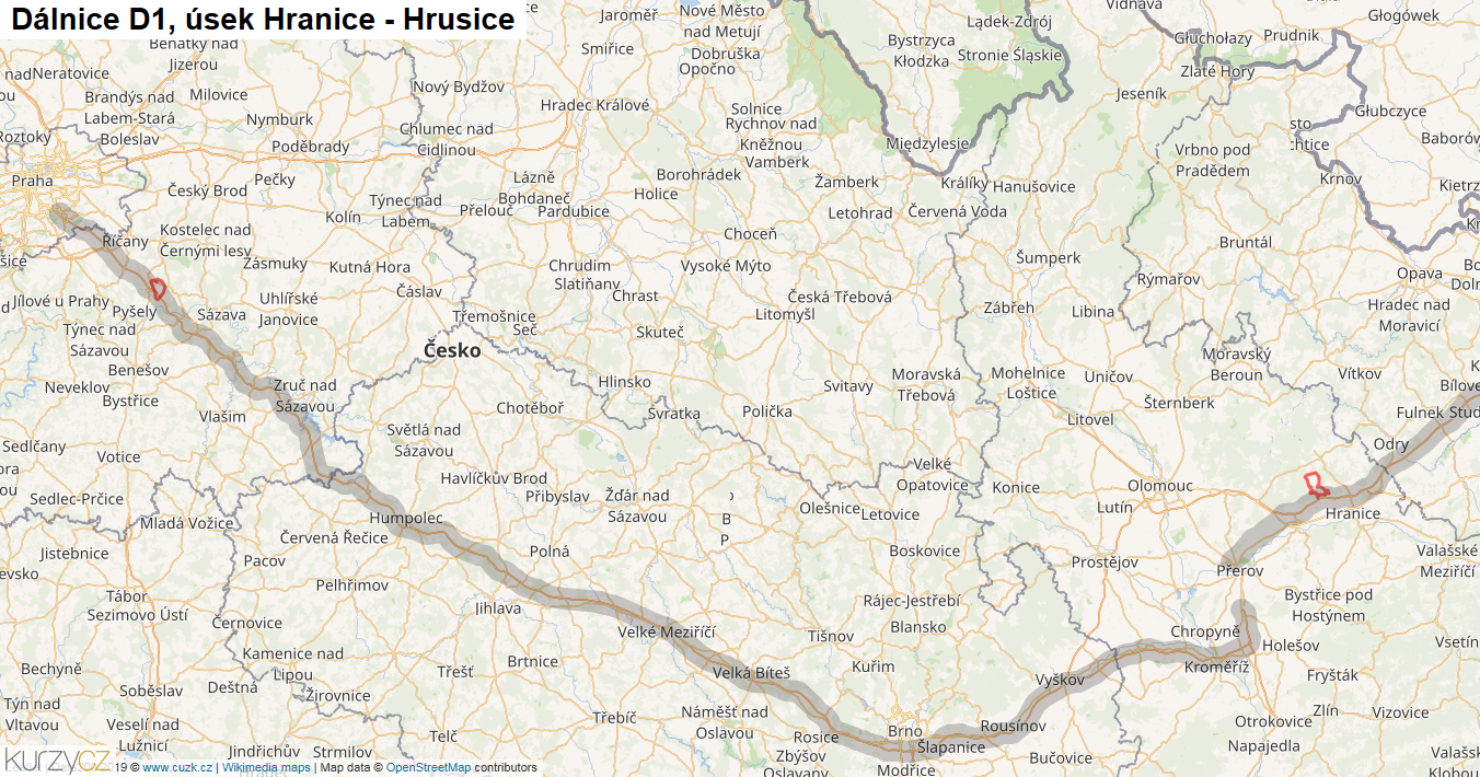 Úsek Hranice - Hrusice, Dálnice D1 - Mapa