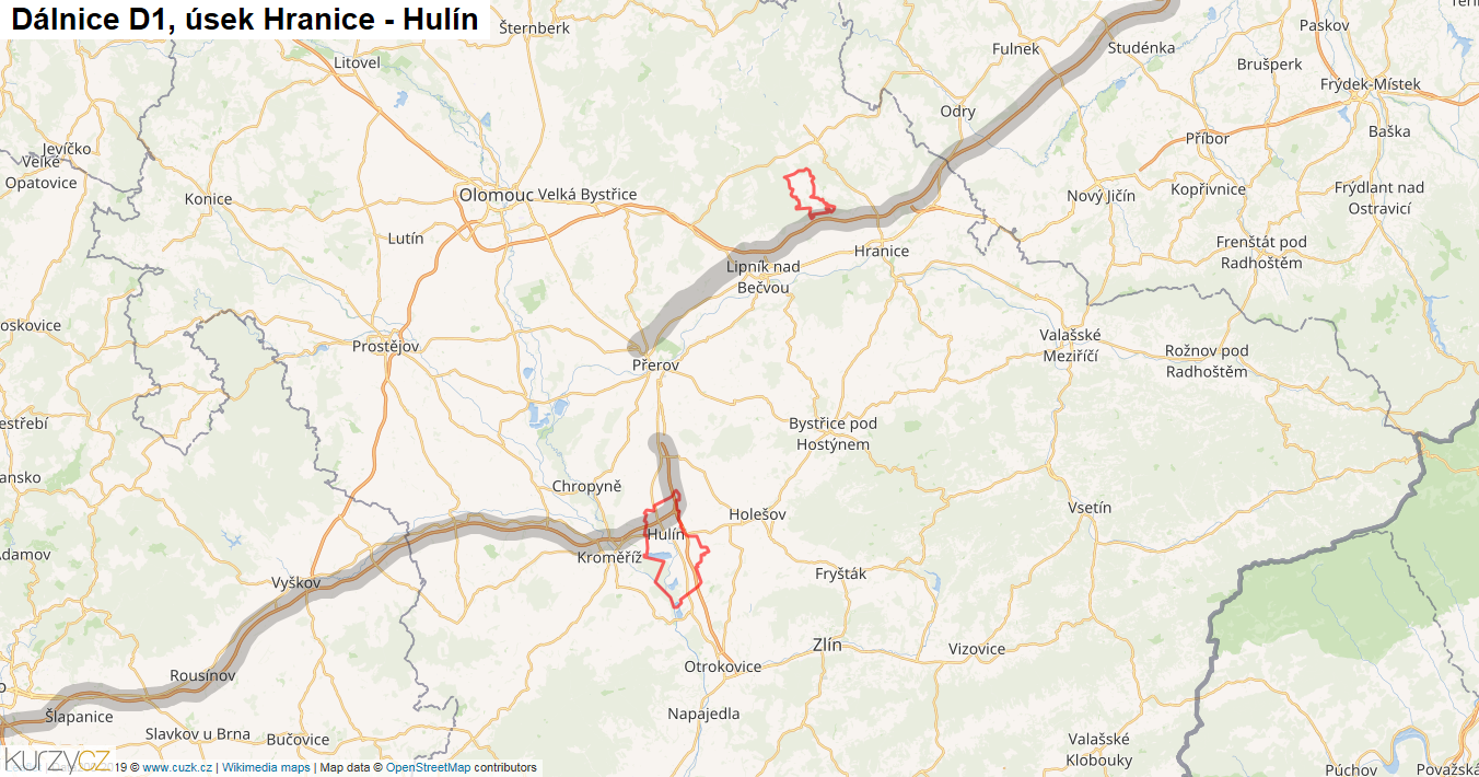 Úsek Hranice - Hulín, Dálnice D1 - Mapa