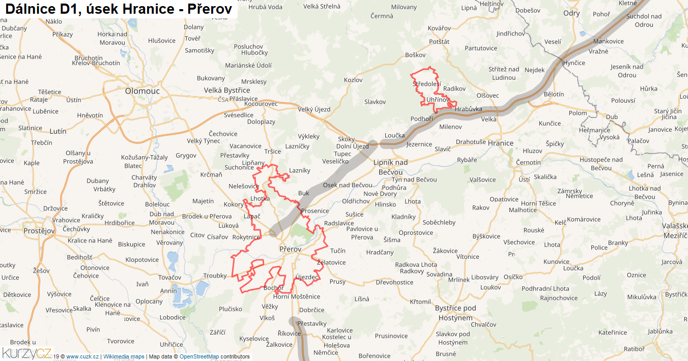 Úsek Hranice - Přerov, Dálnice D1 - Mapa