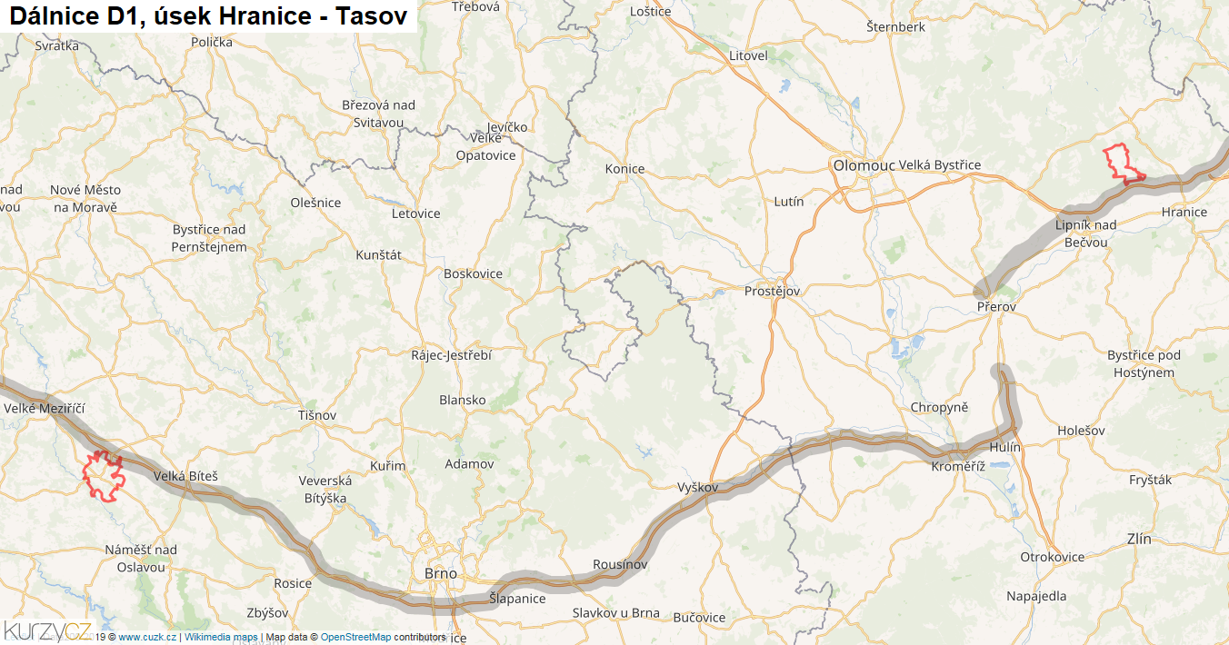 Úsek Hranice - Tasov, Dálnice D1 - Mapa