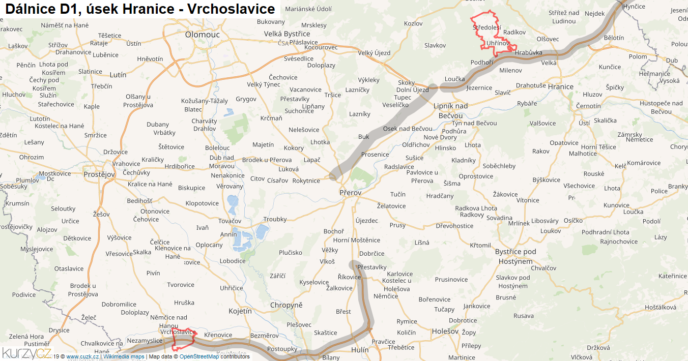 Úsek Hranice - Vrchoslavice, Dálnice D1 - Mapa