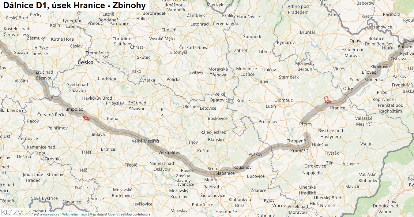 Úsek Hranice - Zbinohy, Dálnice D1 - Mapa