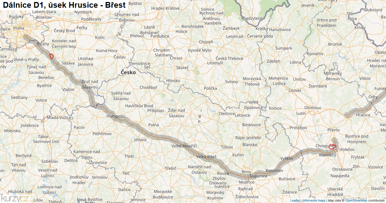Úsek Hrusice - Břest, Dálnice D1 - Mapa