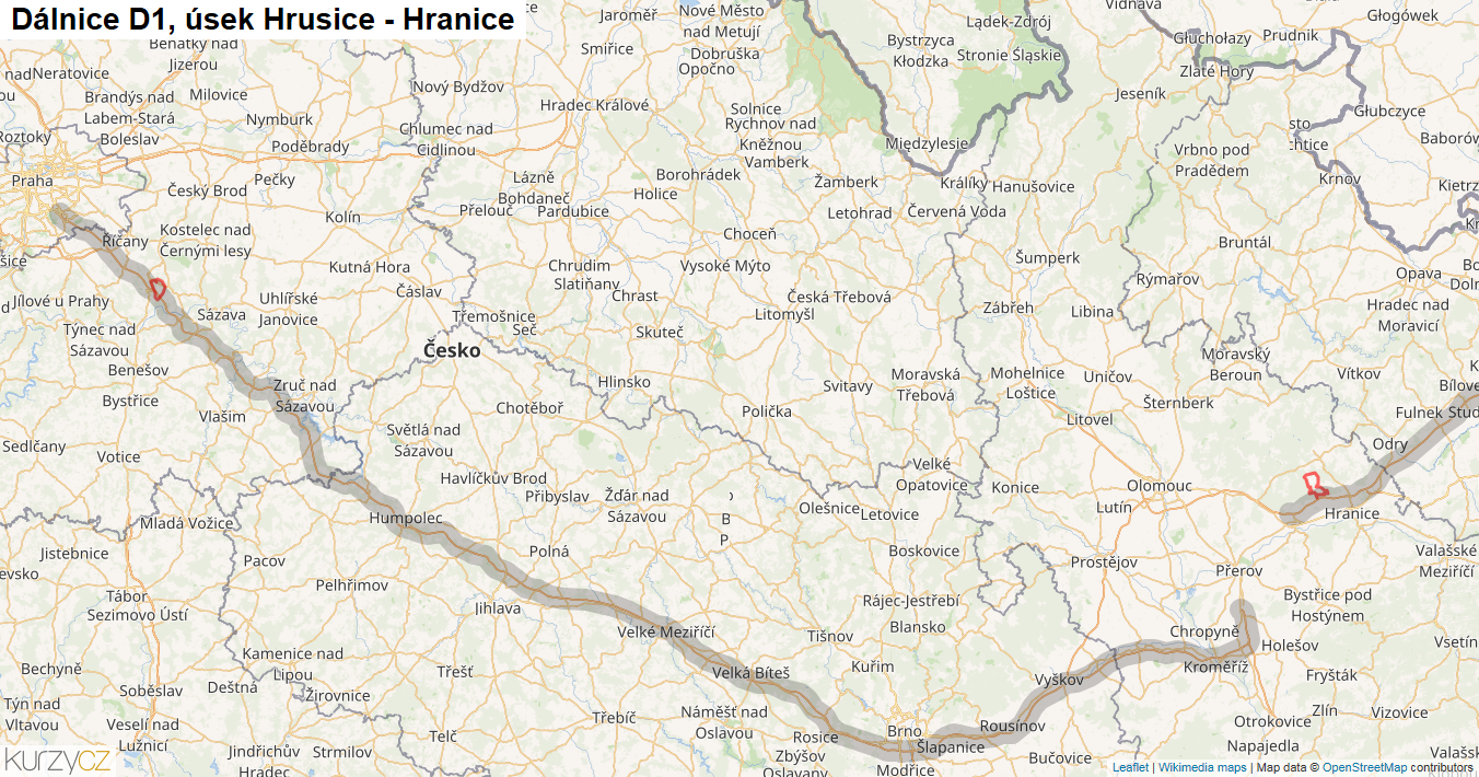 Úsek Hrusice - Hranice, Dálnice D1 - Mapa