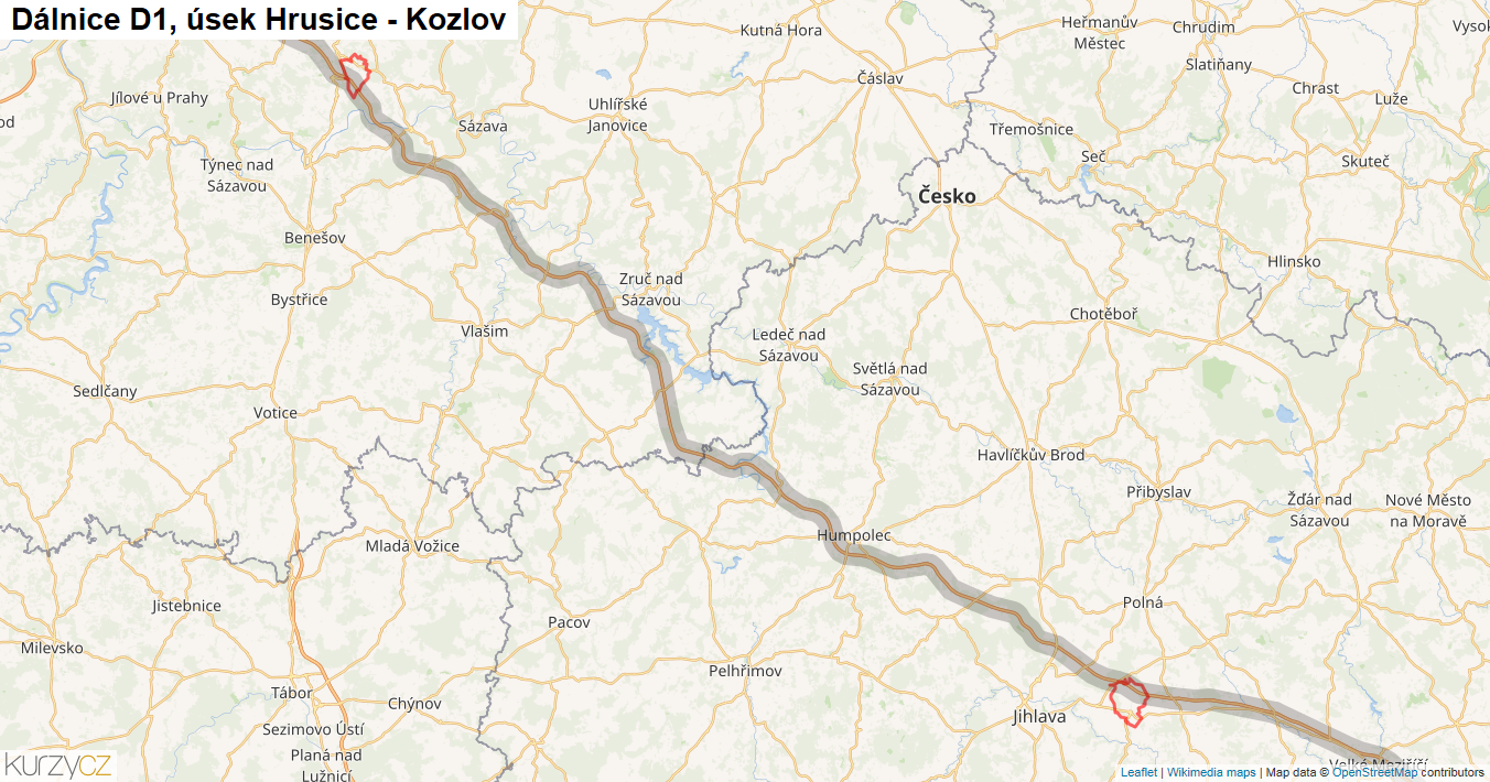 Úsek Hrusice - Kozlov, Dálnice D1 - Mapa