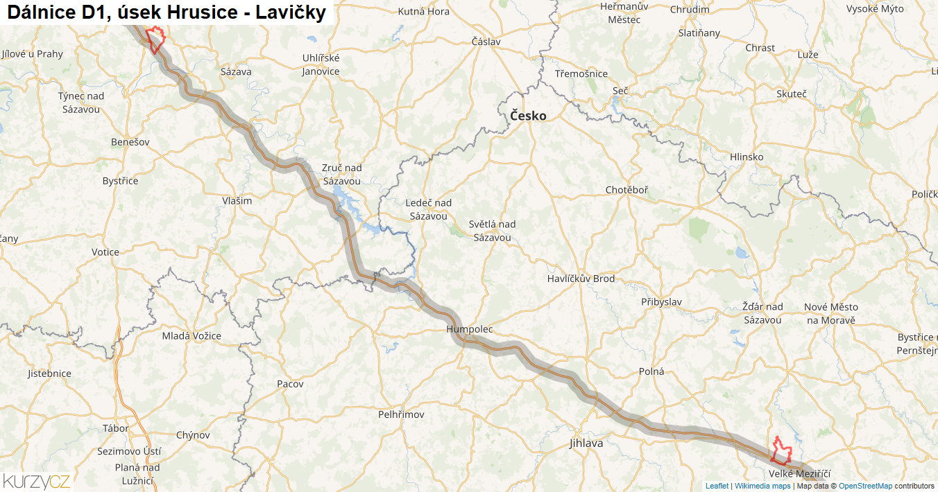 Úsek Hrusice - Lavičky, Dálnice D1 - Mapa