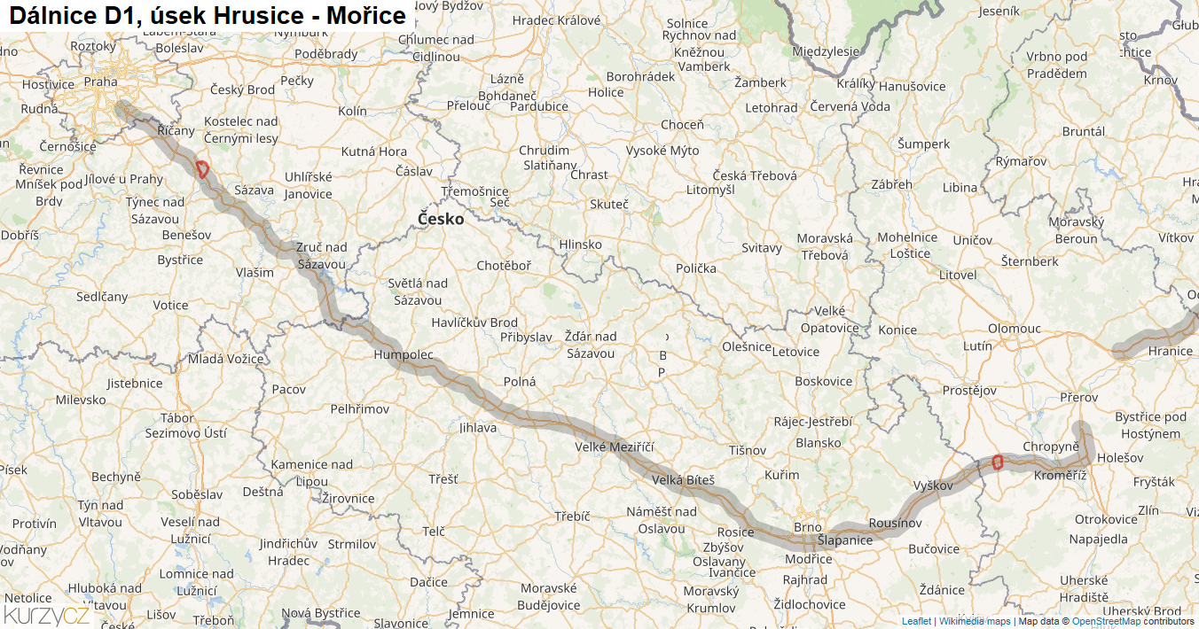 Úsek Hrusice - Mořice, Dálnice D1 - Mapa