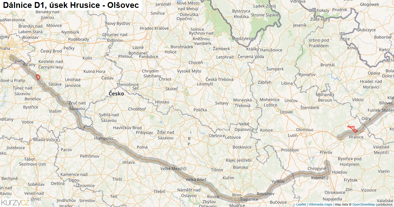 Úsek Hrusice - Olšovec, Dálnice D1 - Mapa