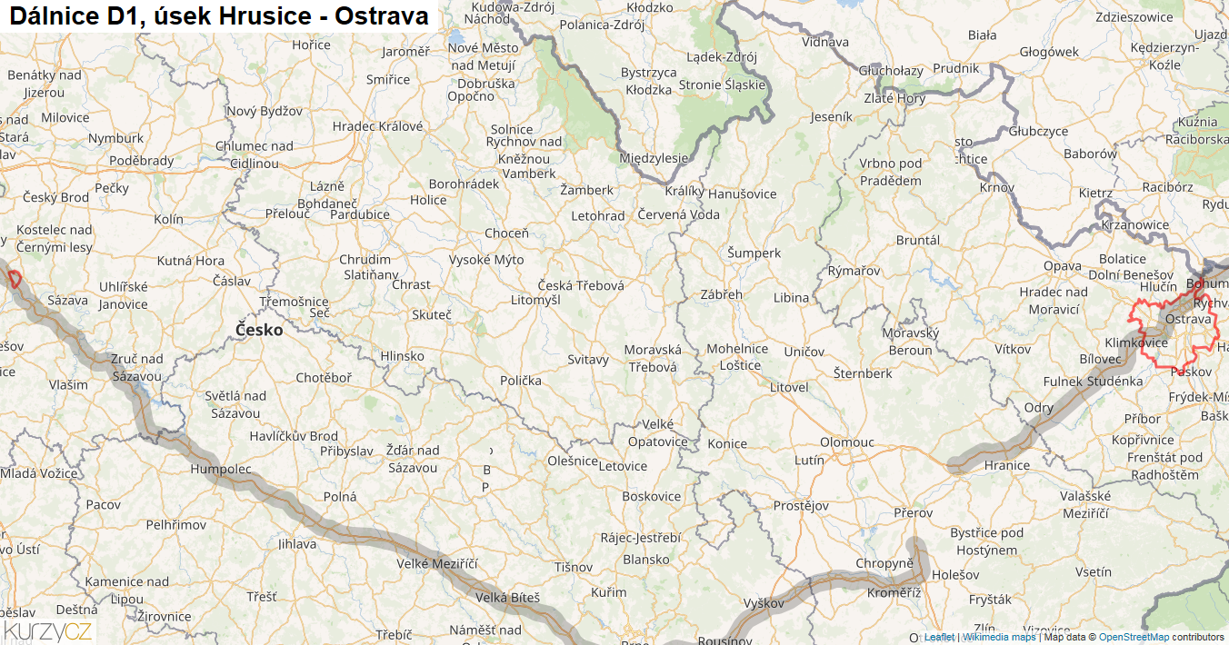 Úsek Hrusice - Ostrava, Dálnice D1 - Mapa