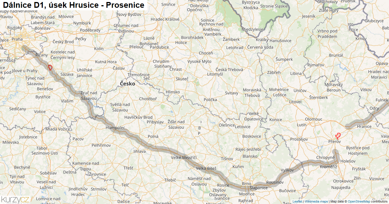 Úsek Hrusice - Prosenice, Dálnice D1 - Mapa