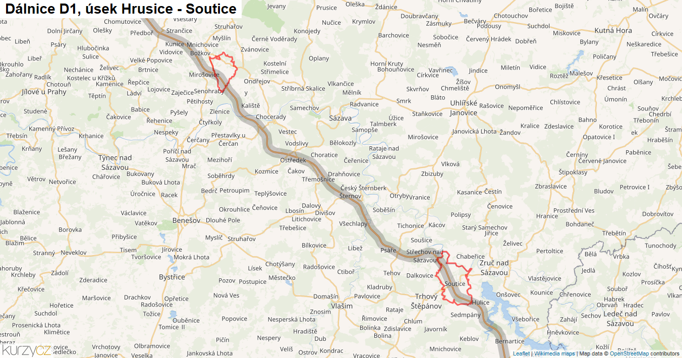 Úsek Hrusice - Soutice, Dálnice D1 - Mapa
