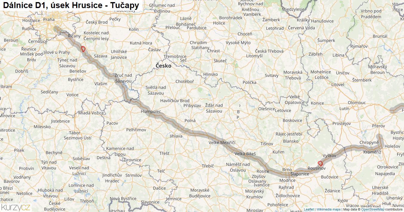 Úsek Hrusice - Tučapy, Dálnice D1 - Mapa
