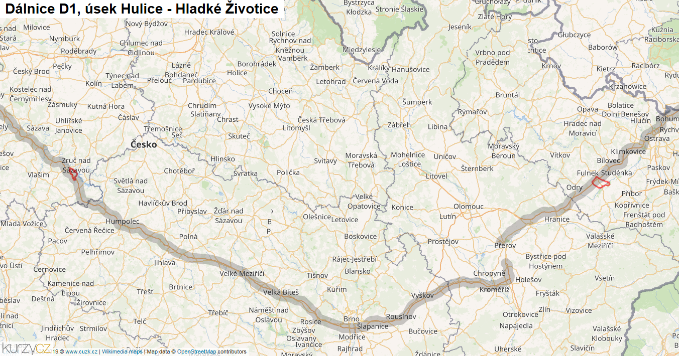 Úsek Hulice - Hladké Životice, Dálnice D1 - Mapa