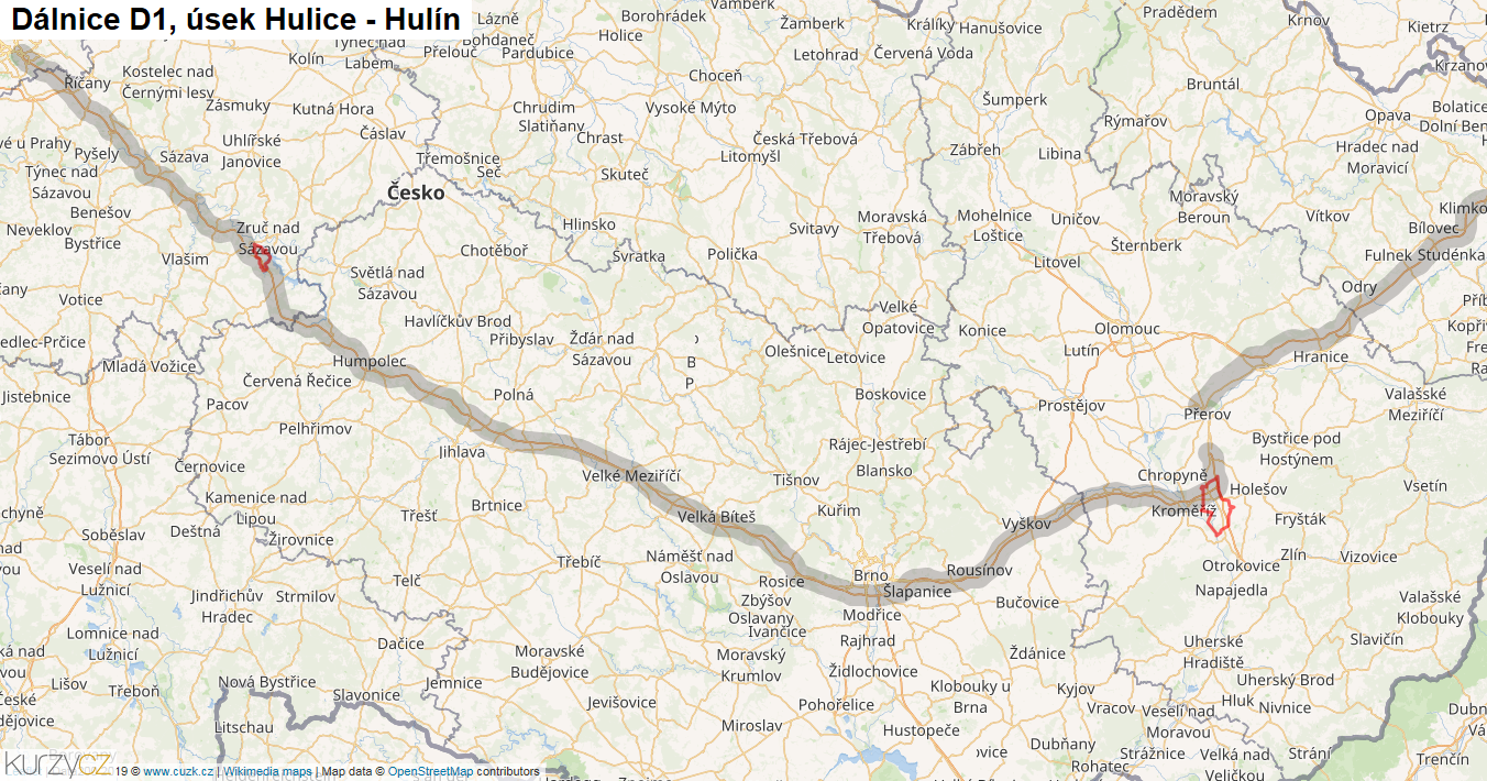 Úsek Hulice - Hulín, Dálnice D1 - Mapa