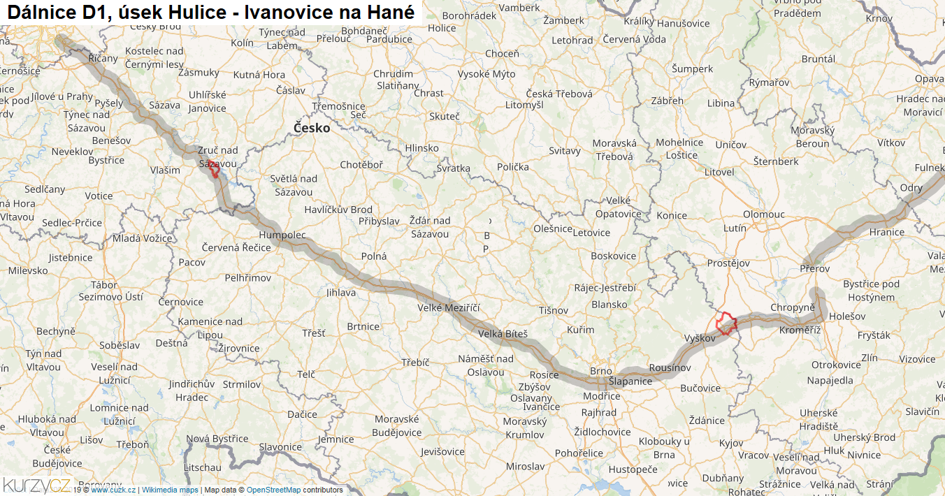 Úsek Hulice - Ivanovice na Hané, Dálnice D1 - Mapa