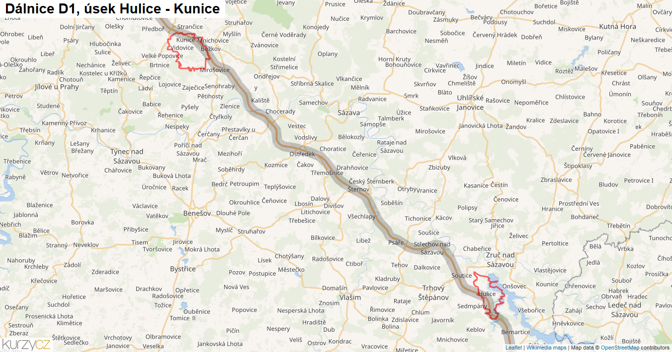 Úsek Hulice - Kunice, Dálnice D1 - Mapa