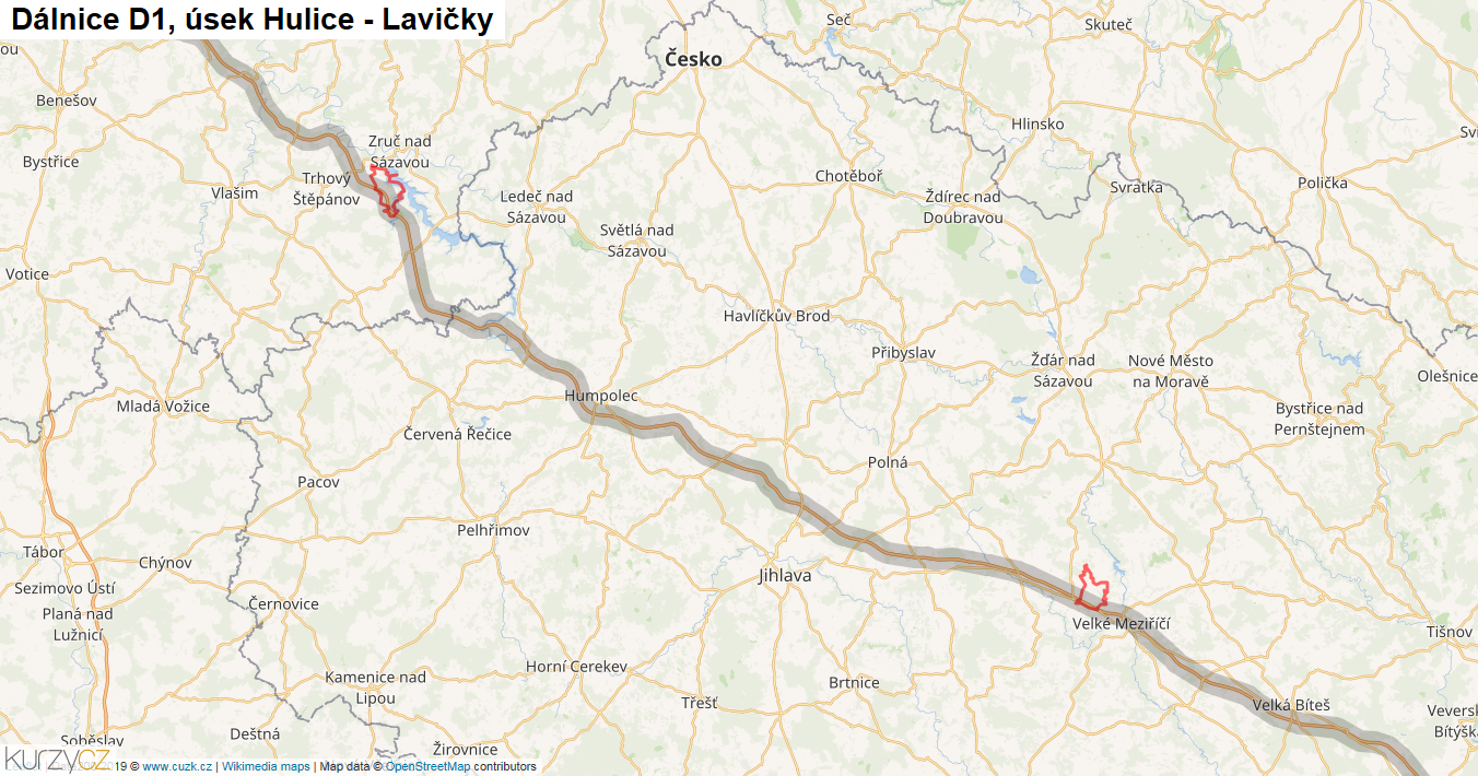 Úsek Hulice - Lavičky, Dálnice D1 - Mapa