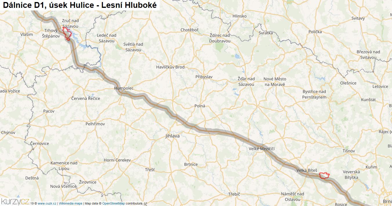 Úsek Hulice - Lesní Hluboké, Dálnice D1 - Mapa