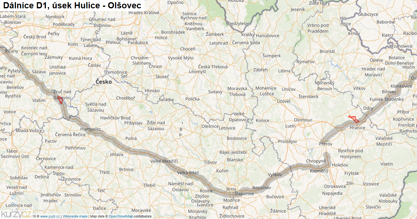 Úsek Hulice - Olšovec, Dálnice D1 - Mapa