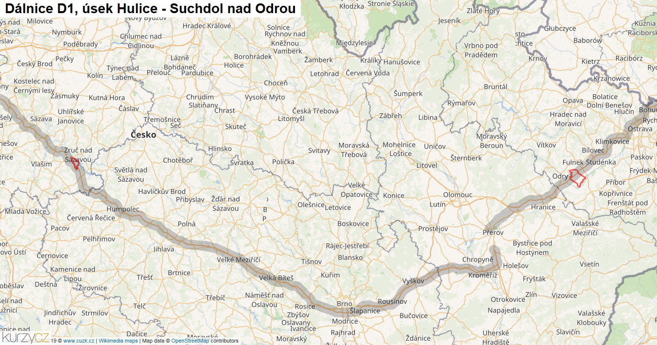 Úsek Hulice - Suchdol nad Odrou, Dálnice D1 - Mapa